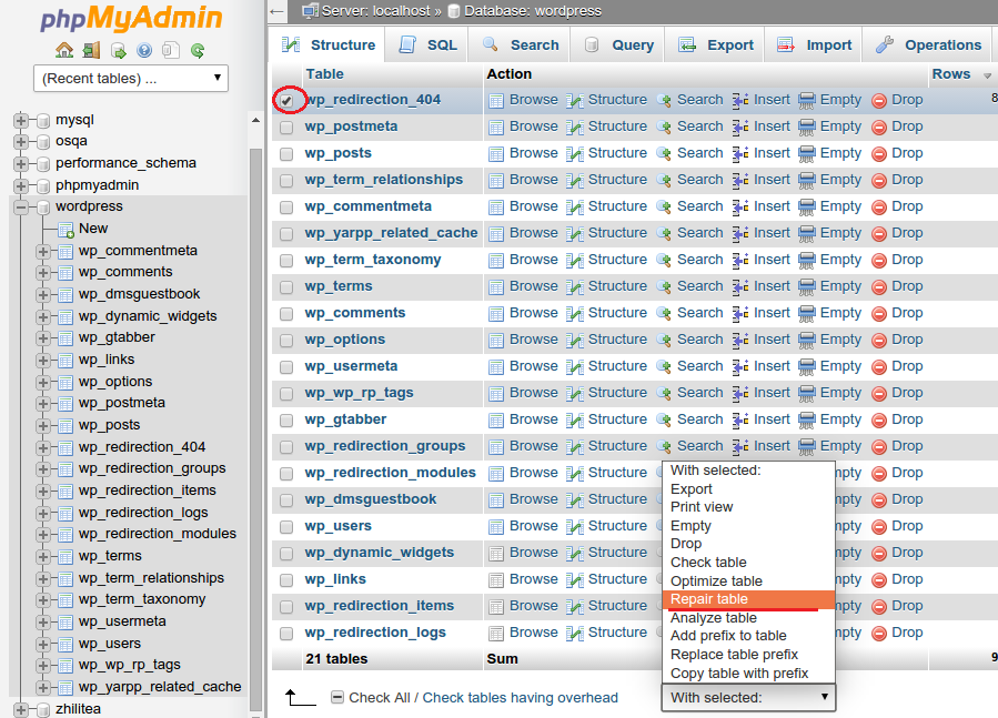 MySQL repair table